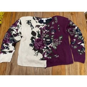 Paris Sport Club Floral Knit‎ Cardigan Sweater Women's Size L Purple Cream Navy